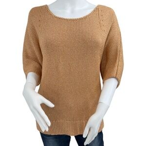 CHICOS Size Large Short Sleeve Sweater Peach Metallic Knit Pointelle Easter Wear